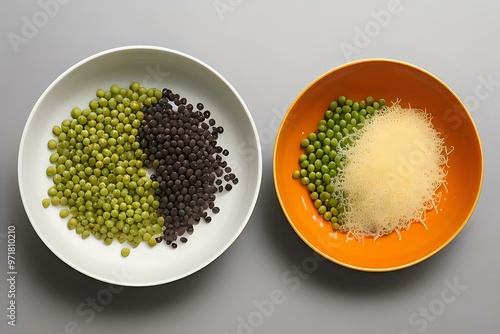 Two bowls with various types of peas in modern kitchen photo