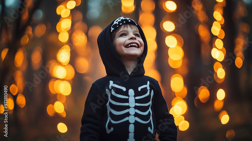 um menino feliz de 6 anos usando uma fantasia de esqueleto na floresta à noite com luzes amarelas desfocadas no fundo - tema de halloween photo