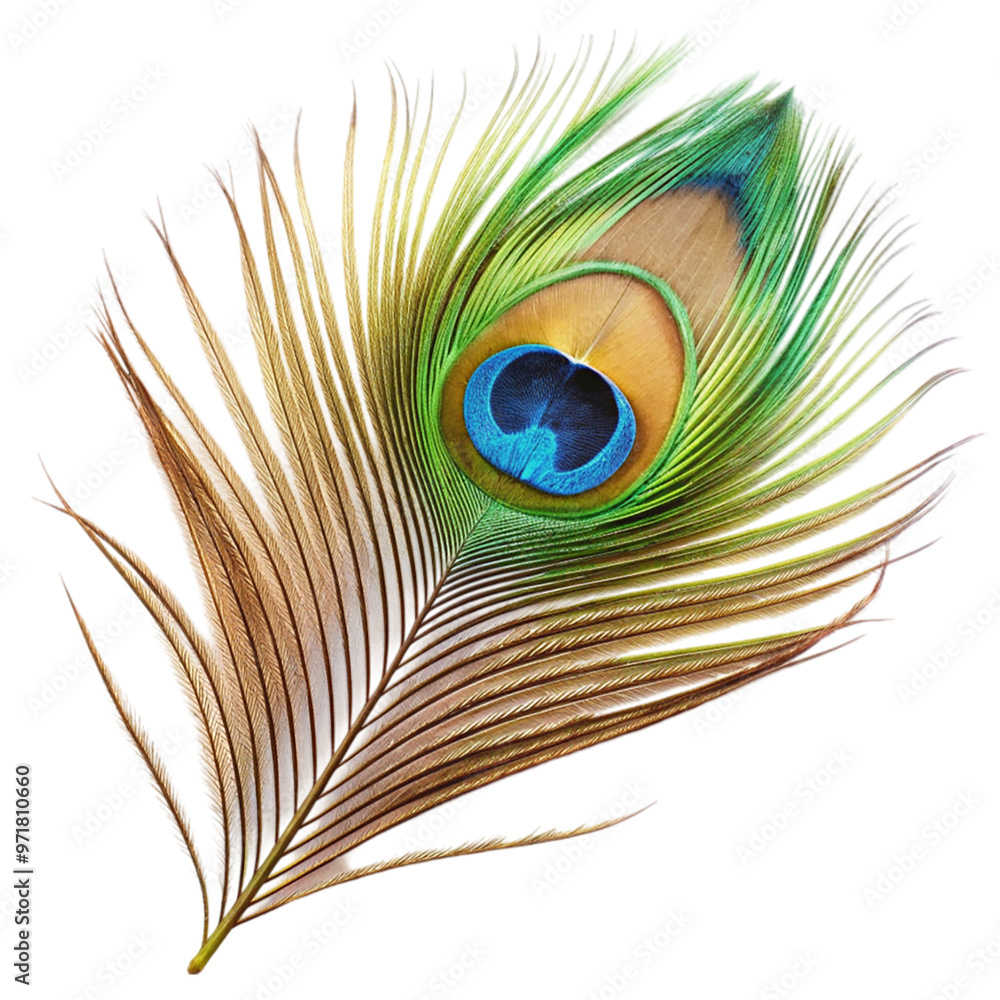 Fototapeta premium Single peacock feather closeup Isolated on transparent background.
