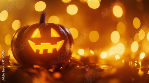 miniatura de abóbora de halloween brilhante em fundo dourado com luzes desfocadas photo