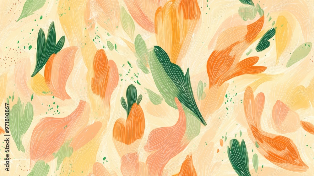 Abstract seamless pattern featuring hand drawn floral elements Delicate doodles in orange green and pink tones Abstract seamless pattern featuring hand drawn floral elements Delicate doodles in orange green and pink tones