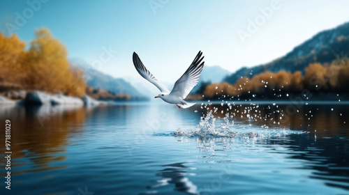 A seagull takes flight, skimming across the water of a tranquil mountain lake surrounded by autumn trees. photo