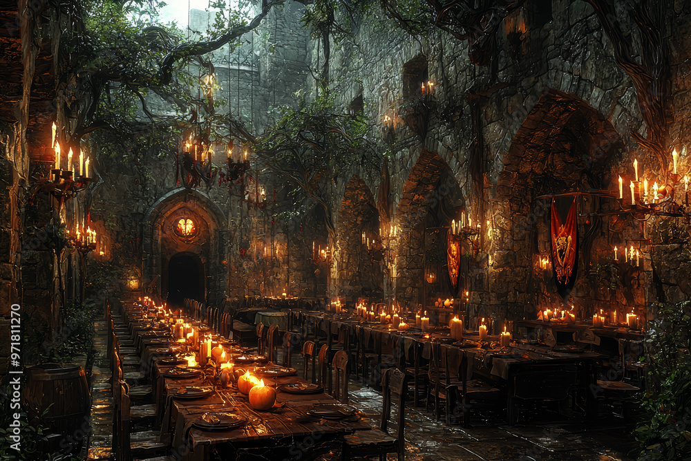 A medieval castle hosting a Halloween feast with jesters, minstrels, and eerie tales of the supernatural. Concept of Halloween in medieval times. A medieval castle hosting a Halloween feast with jesters, minstrels, and eerie tales of the supernatural. Concept of Halloween in medieval times.