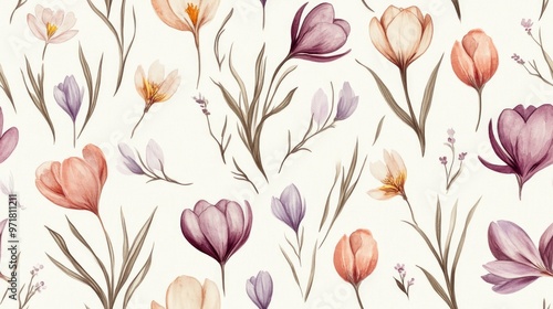 Watercolor illustration of tulips and crocuses Delicate small flowers with branches Seamless floral pattern Romantic spring theme for fabric wallpaper or calico printing photo