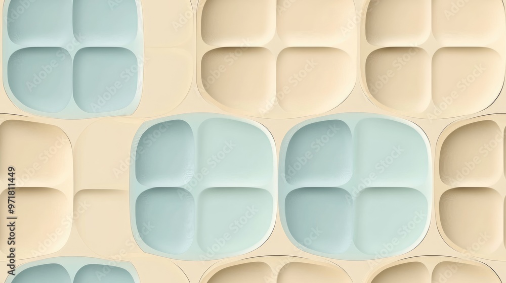 Minimalist geometric seamless pattern featuring small curved squares Abstract background in light blue and beige tones Perforated texture with a modern repetition design Minimalist geometric seamless pattern featuring small curved squares Abstract background in light blue and beige tones Perforated texture with a modern repetition design