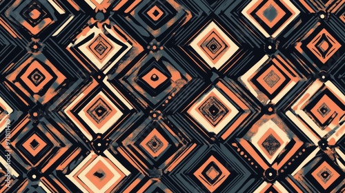 Symmetrical pattern featuring shades of brown navy black orange pink pitch and dark green