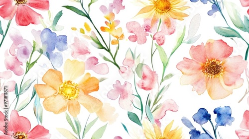 Seamless background featuring original floral watercolor illustration