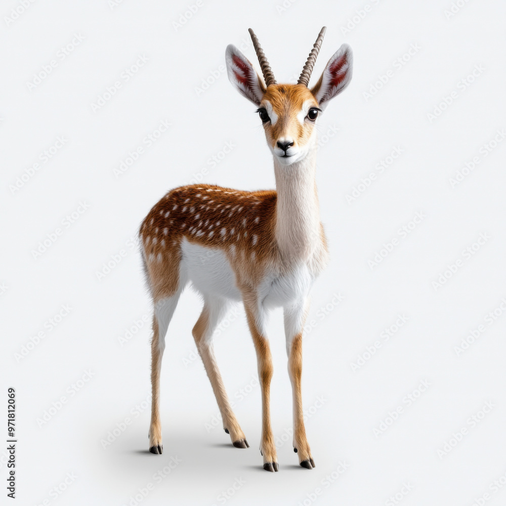 A realistic depiction of a young deer standing tall, displaying alertness and grace in a minimalist background. A realistic depiction of a young deer standing tall, displaying alertness and grace in a minimalist background.