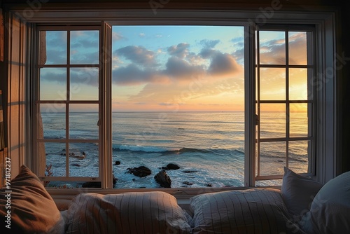 Tranquil seaside vista framed by a window, inviting calm and peaceful reflections