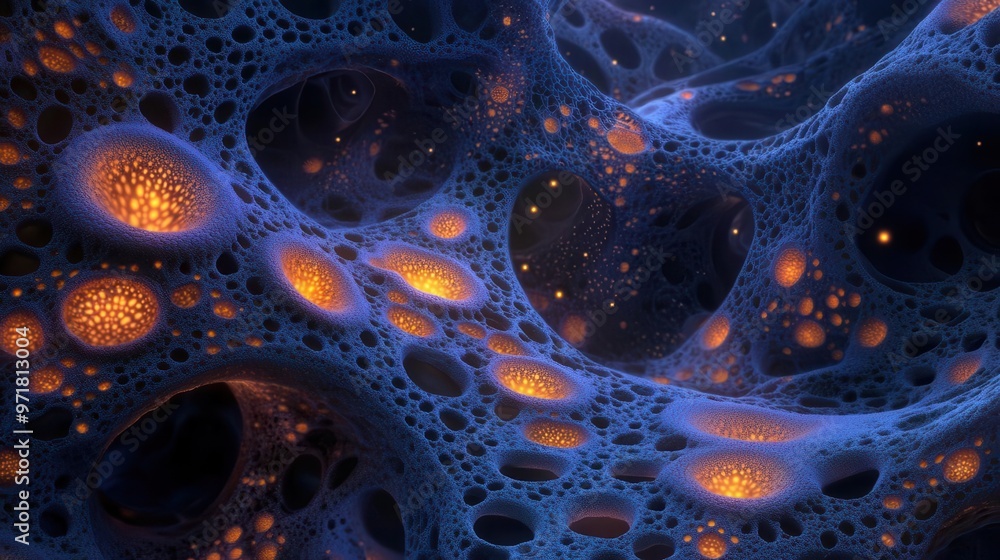Abstract fungal growth spreading in intricate patterns, glowing spores suspended in the air, creating a surreal organic landscape Abstract fungal growth spreading in intricate patterns, glowing spores suspended in the air, creating a surreal organic landscape