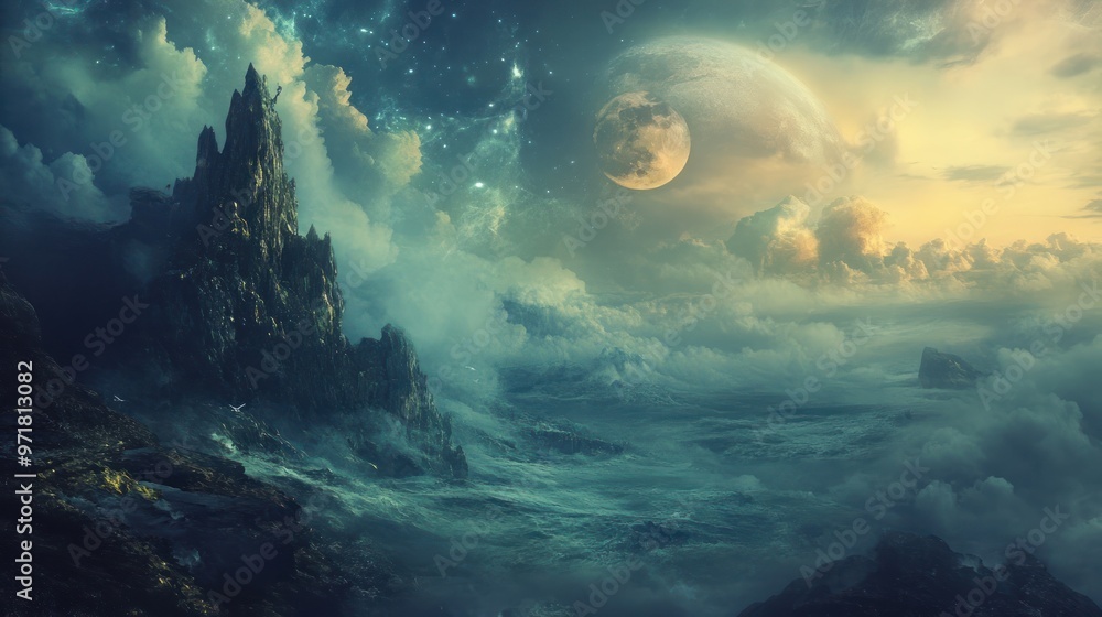 Fantasy Landscape with Majestic Mountain and Celestial Moon Fantasy Landscape with Majestic Mountain and Celestial Moon