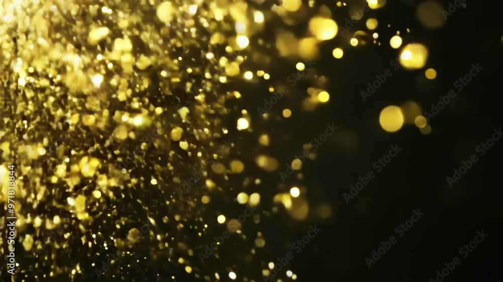Golden Sparkling Dust Particles Glowing in Dark Background. Concept of Festive Celebration, Luxury Decoration, Elegant Background Golden Sparkling Dust Particles Glowing in Dark Background. Concept of Festive Celebration, Luxury Decoration, Elegant Background