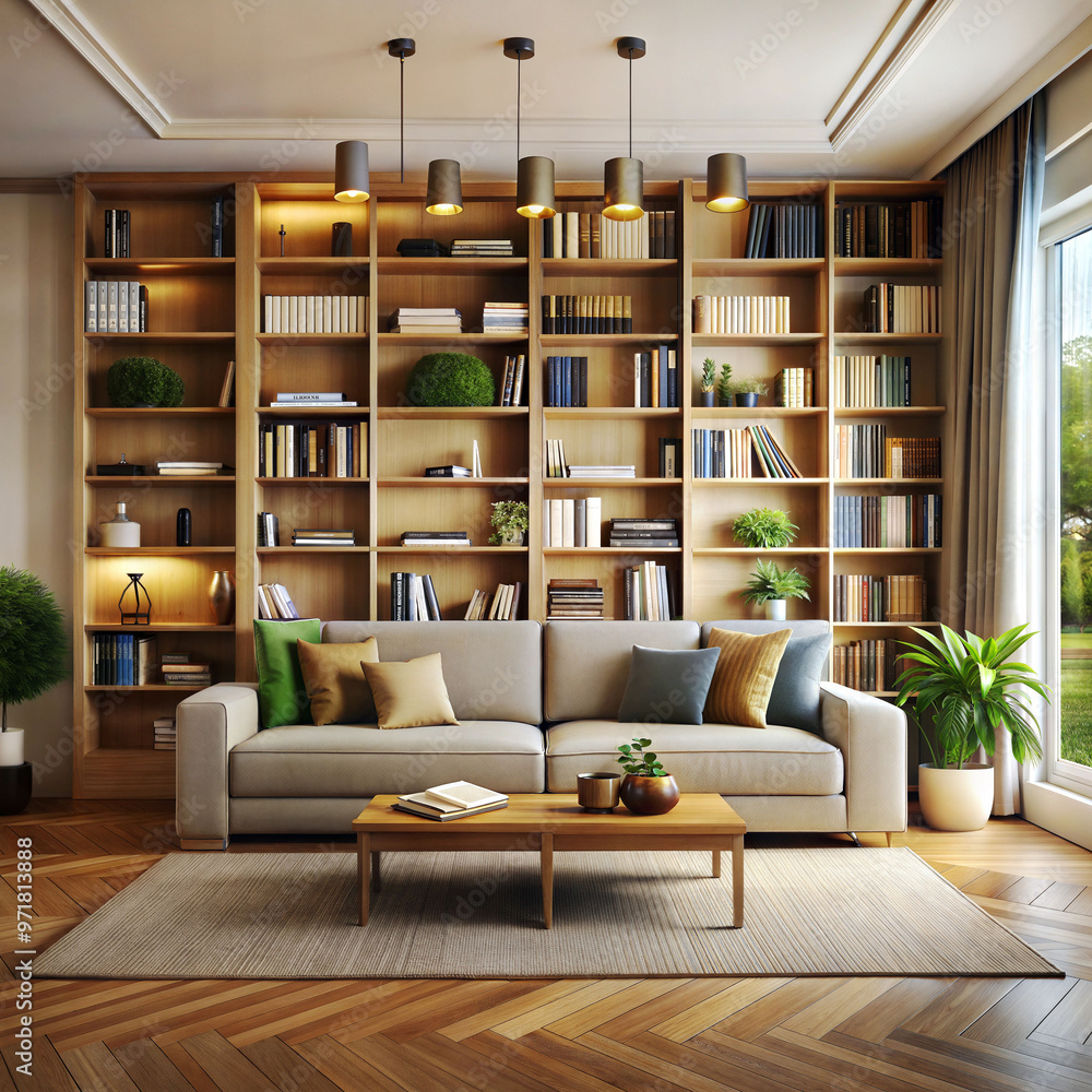 A living room with a built in bookshelf A living room with a built in bookshelf
