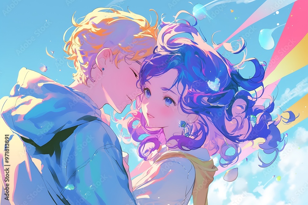 Anime couple in love, embracing under a blue sky with colorful streaks of light. Romantic artwork with soft pastel colors.