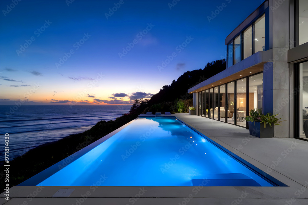 Fototapeta premium Elegant residence features an outdoor patio with a lap pool and a twilight view of the ocean.