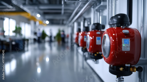 A row of red heating pumps inside a modern industrial facility, with sleek, polished floors and pipes overhead. photo