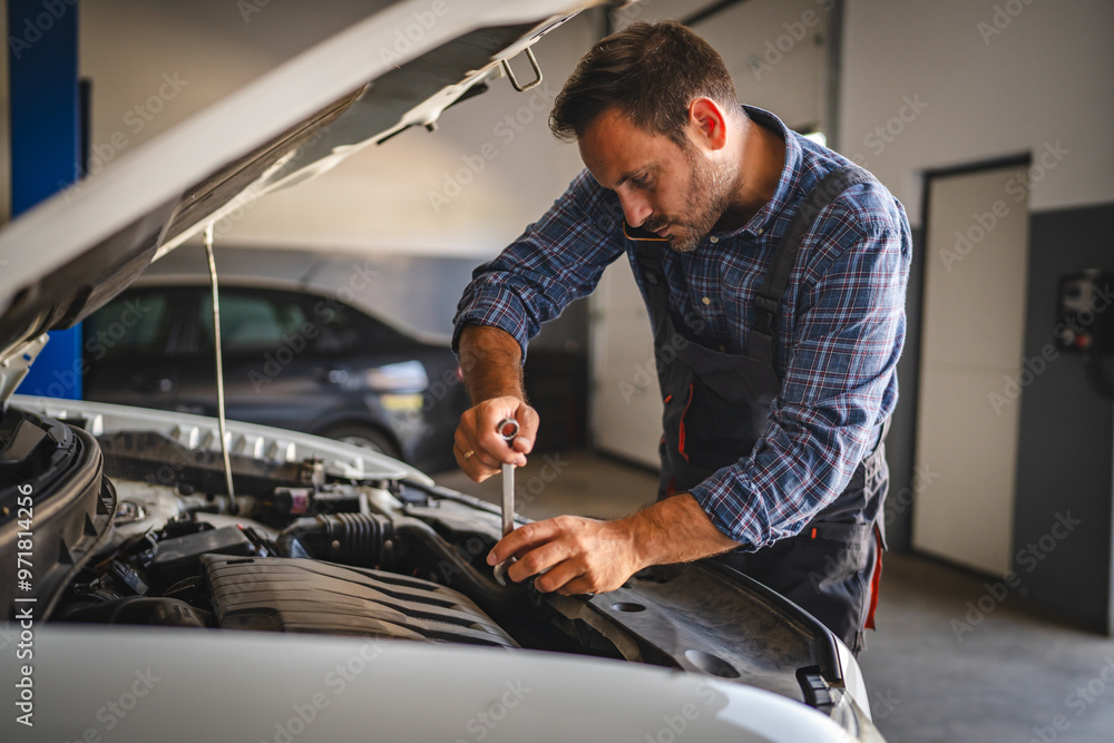 Car mechanic work on a car engine with a wrench and talk on cellphone Car mechanic work on a car engine with a wrench and talk on cellphone