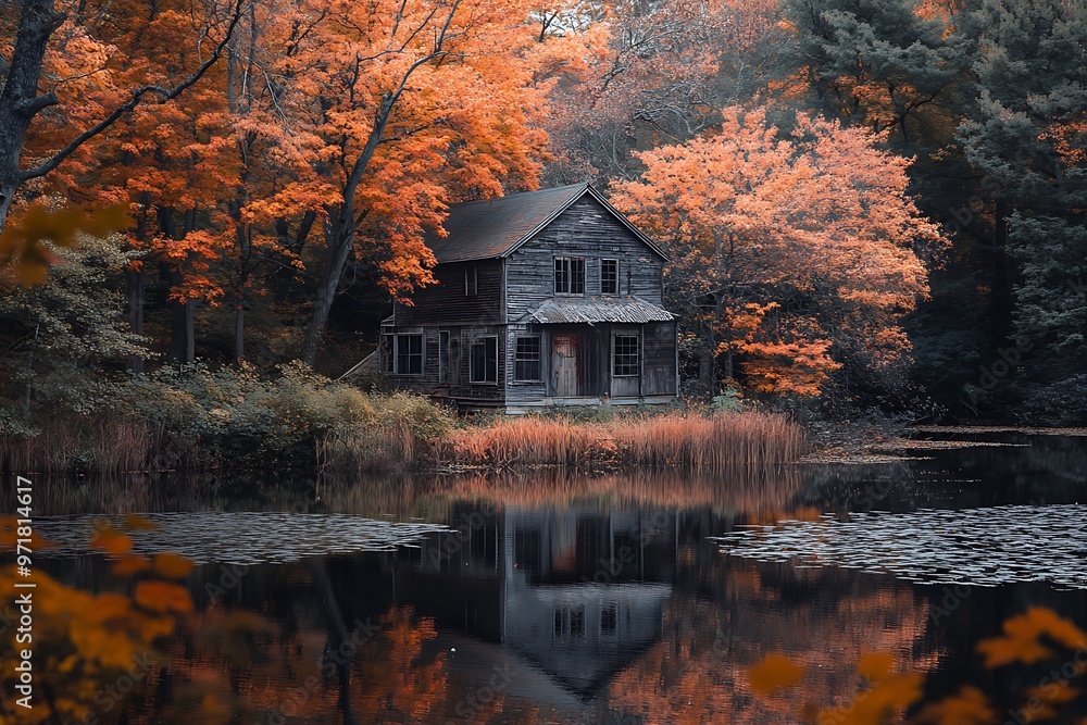 Fototapeta premium Autumnal Cabin by the Pond with Vibrant Fall Foliage