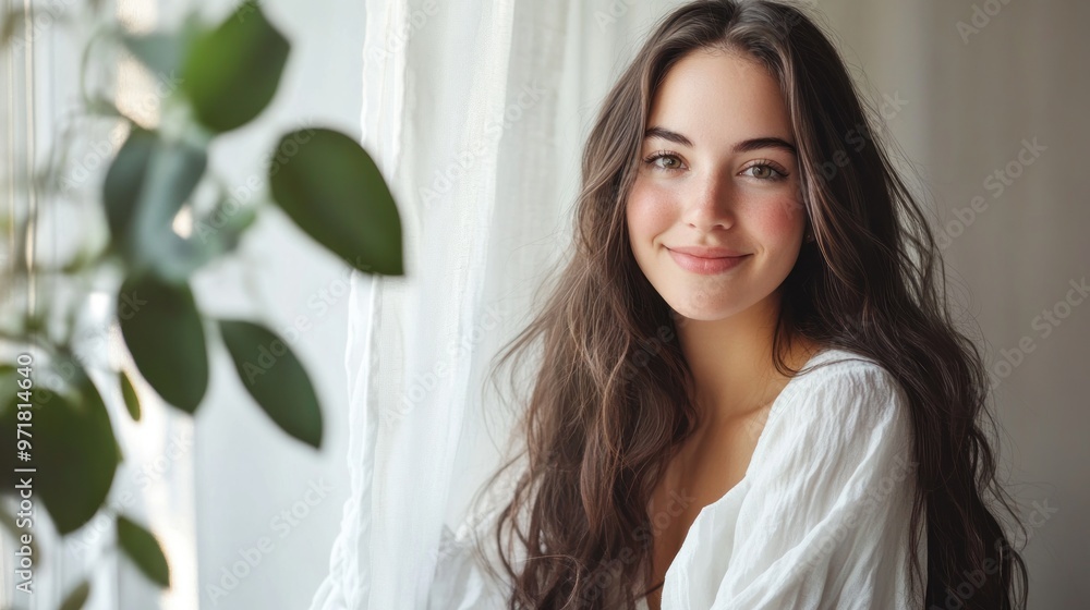 Smiling Woman with Long Brown Hair by Window Smiling Woman with Long Brown Hair by Window