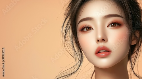 Pretty woman of asian appearance makeup luxury charm beige background.