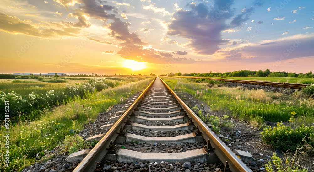 Fototapeta premium A railroad track going to the horizon. Rails surrounded by nature at sunset. Without the train. Travel concept.