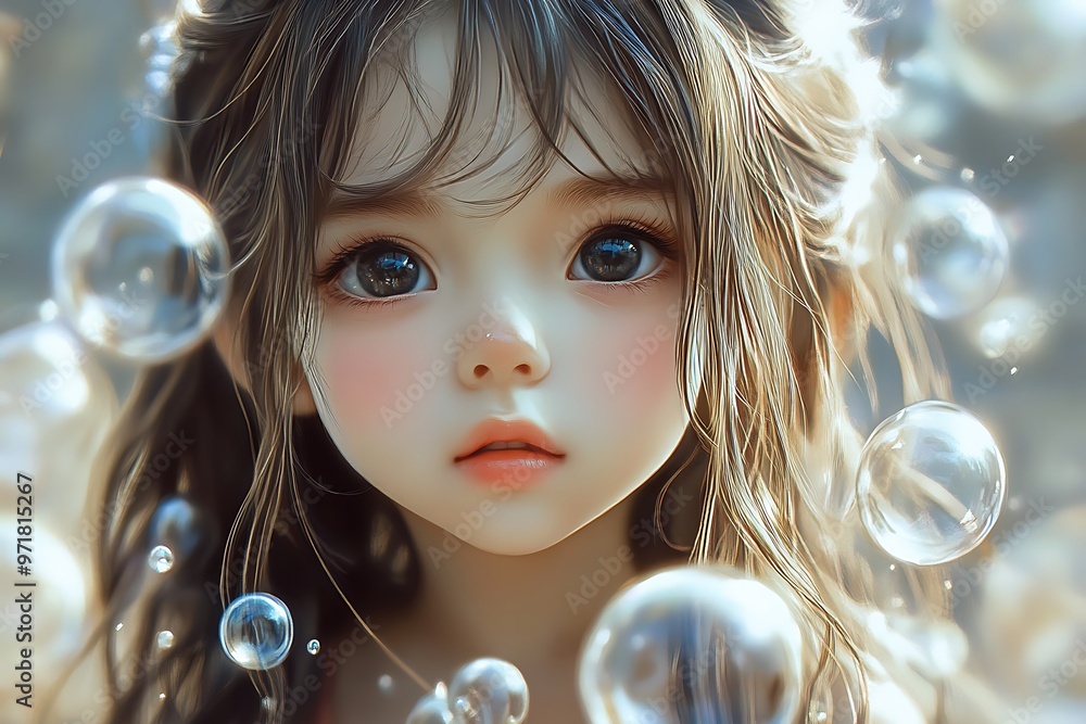 Anime girl with large eyes looking at camera with soap bubbles in background Anime girl with large eyes looking at camera with soap bubbles in background