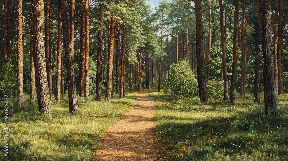 Obraz premium Pine forest panorama in summer. pathway in the park.
