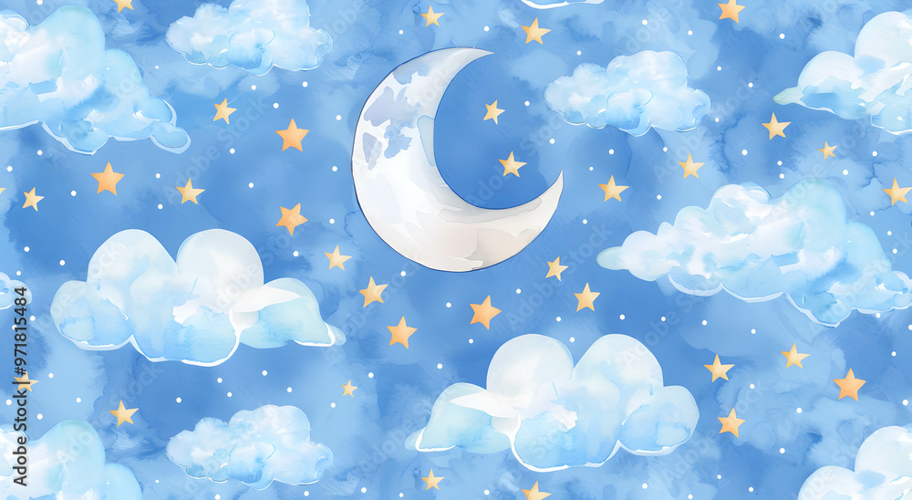 Cute children's background. Watercolor drawing Moon, clouds and stars. crescent moon. Drawing for children's room. Space wallpaper concept. Cute children's background. Watercolor drawing Moon, clouds and stars. crescent moon. Drawing for children's room. Space wallpaper concept.