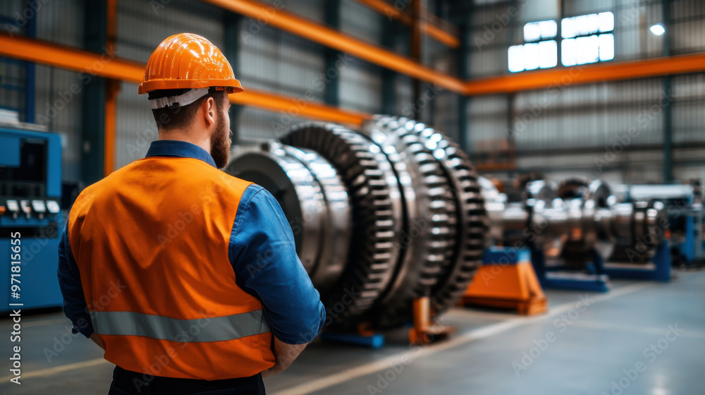 A worker in orange safety gear inspects a large industrial turbine inside a factory, ensuring proper functioning and maintenance. A worker in orange safety gear inspects a large industrial turbine inside a factory, ensuring proper functioning and maintenance.