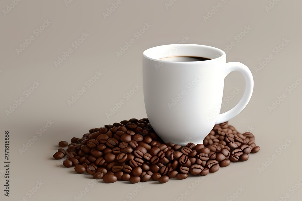 Coffee beans and cup on a surface Coffee beans and cup on a surface