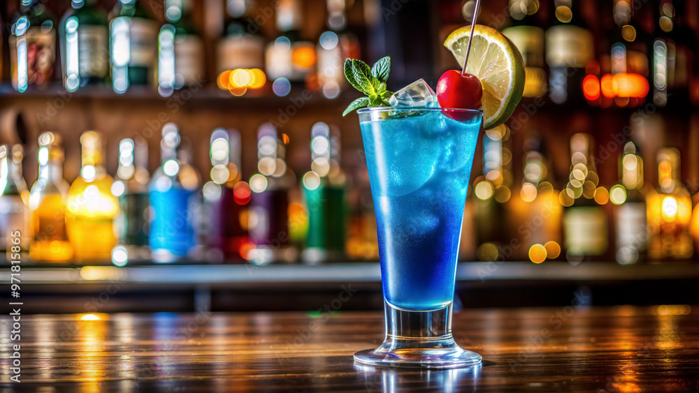Blue cocktail in a glass on a wooden bar counter Blue cocktail in a glass on a wooden bar counter