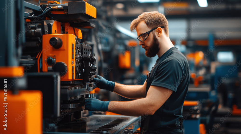 A technician wearing safety gloves works on adjusting a large machine in a modern manufacturing plant, ensuring smooth operation. A technician wearing safety gloves works on adjusting a large machine in a modern manufacturing plant, ensuring smooth operation.