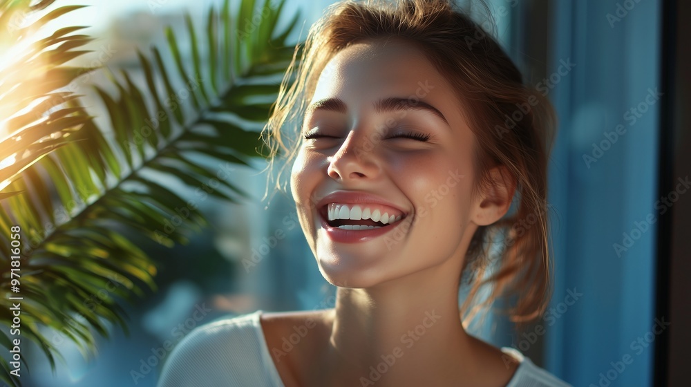 Young woman laughing while relaxing at home. Young woman laughing while relaxing at home.