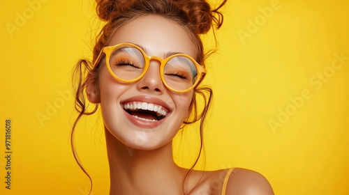 Portrait of her she nice-looking cool attractive lovely lovable winsome sweet crazy cheerful cheery girl having fun great breakthrough isolated on bright vivid shine yellow background. photo