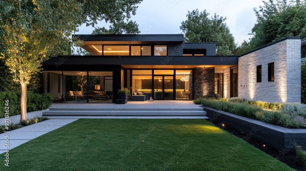 Modern house with a green lawn