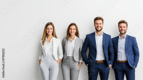 A group of four young professionals, two men and two women, posing confidently in business attire against a white background.