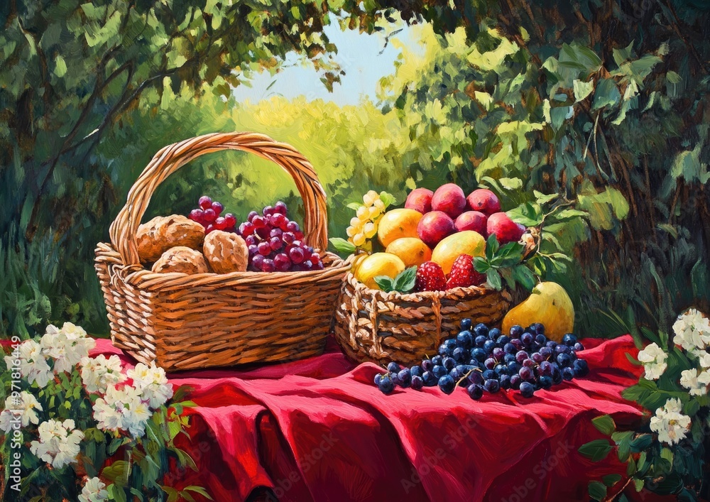 Oil painting depicting a picnic basket filled with fruits and baked goods arranged on a red cloth in a garden setting Oil painting depicting a picnic basket filled with fruits and baked goods arranged on a red cloth in a garden setting