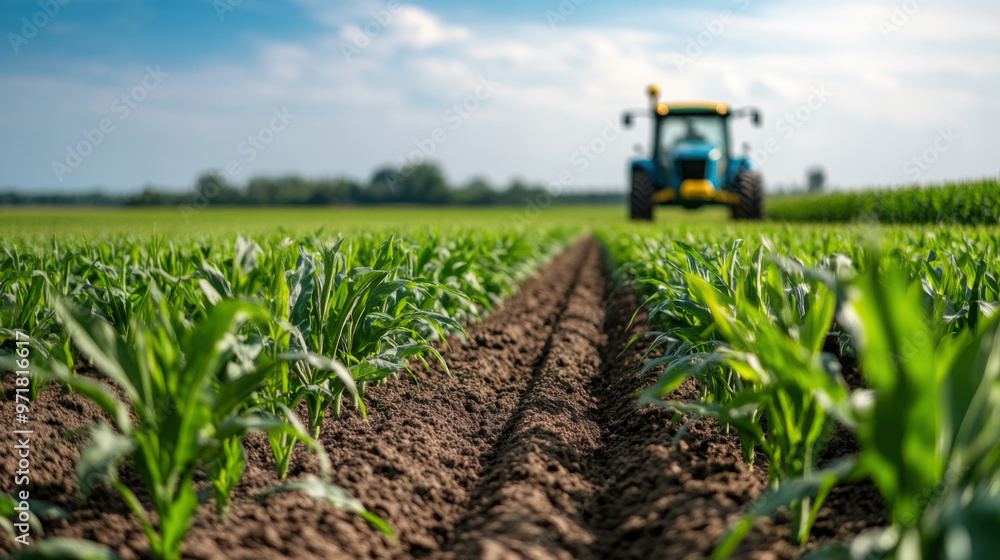 Close-up view of a blue tractor in a field of green crops, focusing on agricultural equipment and crop rows. Close-up view of a blue tractor in a field of green crops, focusing on agricultural equipment and crop rows.