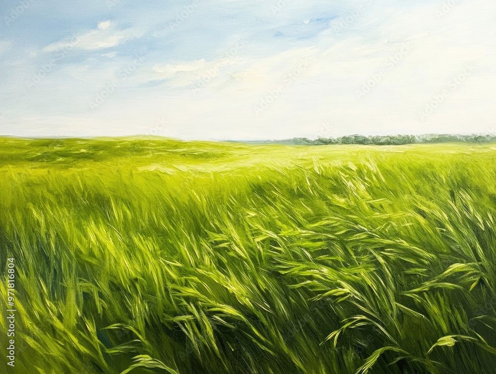 Oil painting depicting a vast expanse of lush green grass in a meadow setting Oil painting depicting a vast expanse of lush green grass in a meadow setting
