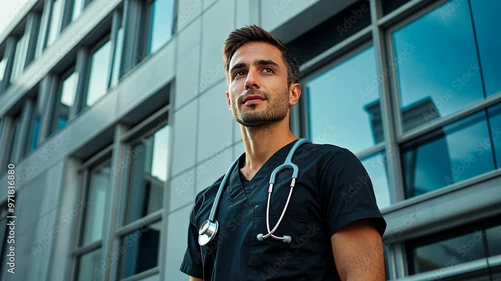 Young healthcare professional in scrubs stands confidently outside a modern medical facility on a sunny day Young healthcare professional in scrubs stands confidently outside a modern medical facility on a sunny day