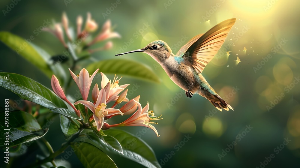 Fototapeta premium Hummingbird near flowers.