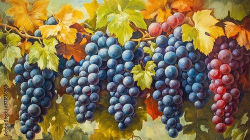 Wallpaper Mural Vibrant oil painting featuring lush bunches of ripe grapes in vivid summer and autumn hues celebrating the harvest season Torontodigital.ca