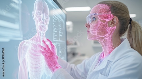 The image is in pink and blue, and the woman is touching the image with her hand