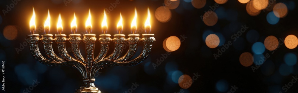Silver Menorah with Glowing Candles on Dark Background Silver Menorah with Glowing Candles on Dark Background
