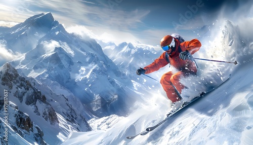 Skier jumping in snowy mountains.