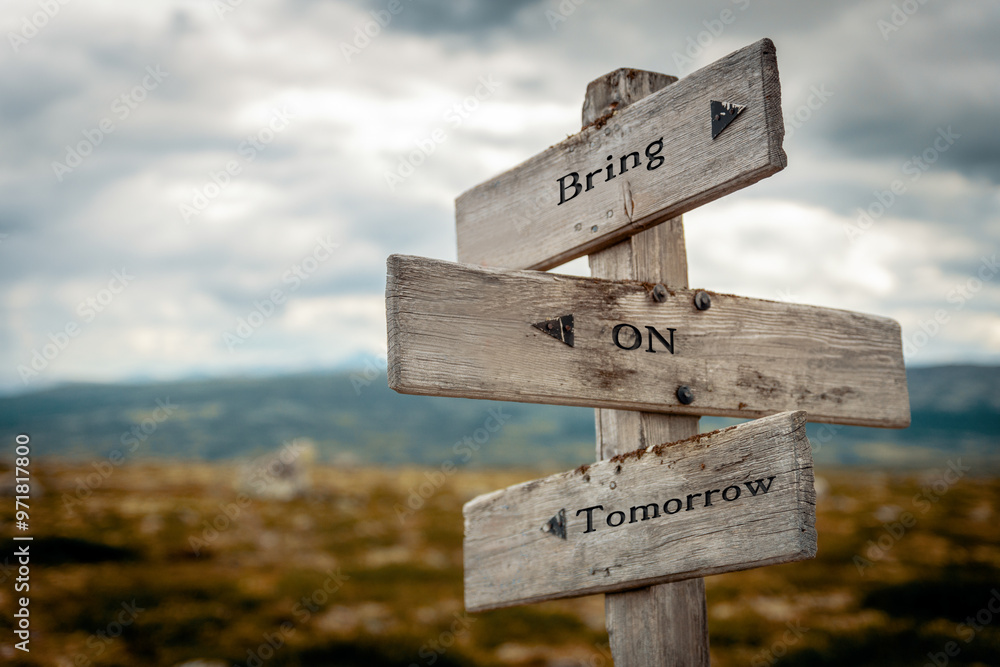 bring on tomorrow text quote on wooden directional signpost outdoors in nature bring on tomorrow text quote on wooden directional signpost outdoors in nature