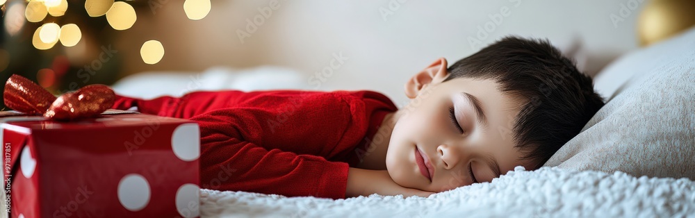 Child Sleeping with Gift Box on Christmas Morning Child Sleeping with Gift Box on Christmas Morning