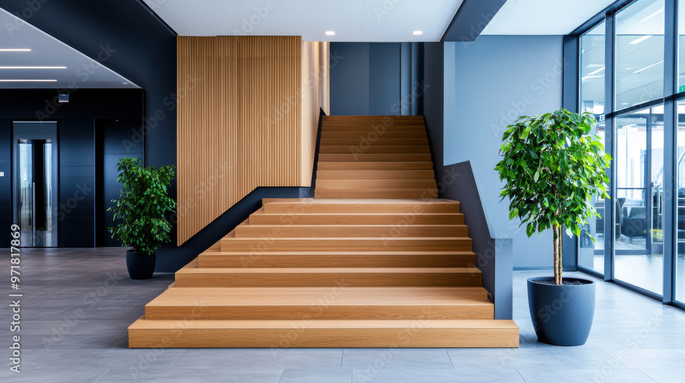 A sleek, minimalist staircase made of wood, located in a contemporary office space with clean lines, potted plants, and modern design elements. A sleek, minimalist staircase made of wood, located in a contemporary office space with clean lines, potted plants, and modern design elements.