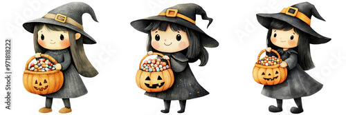 Set of adorable witch characters holding pumpkin baskets filled with colorful candies