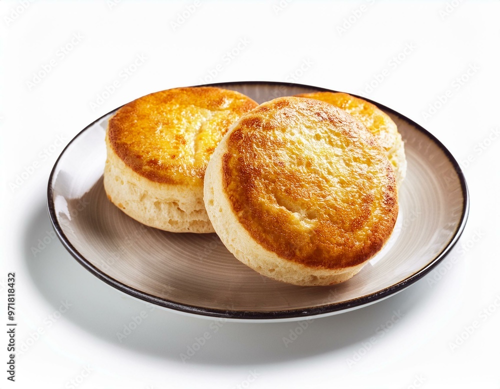 English Muffin on plate isolated white background English Muffin on plate isolated white background
